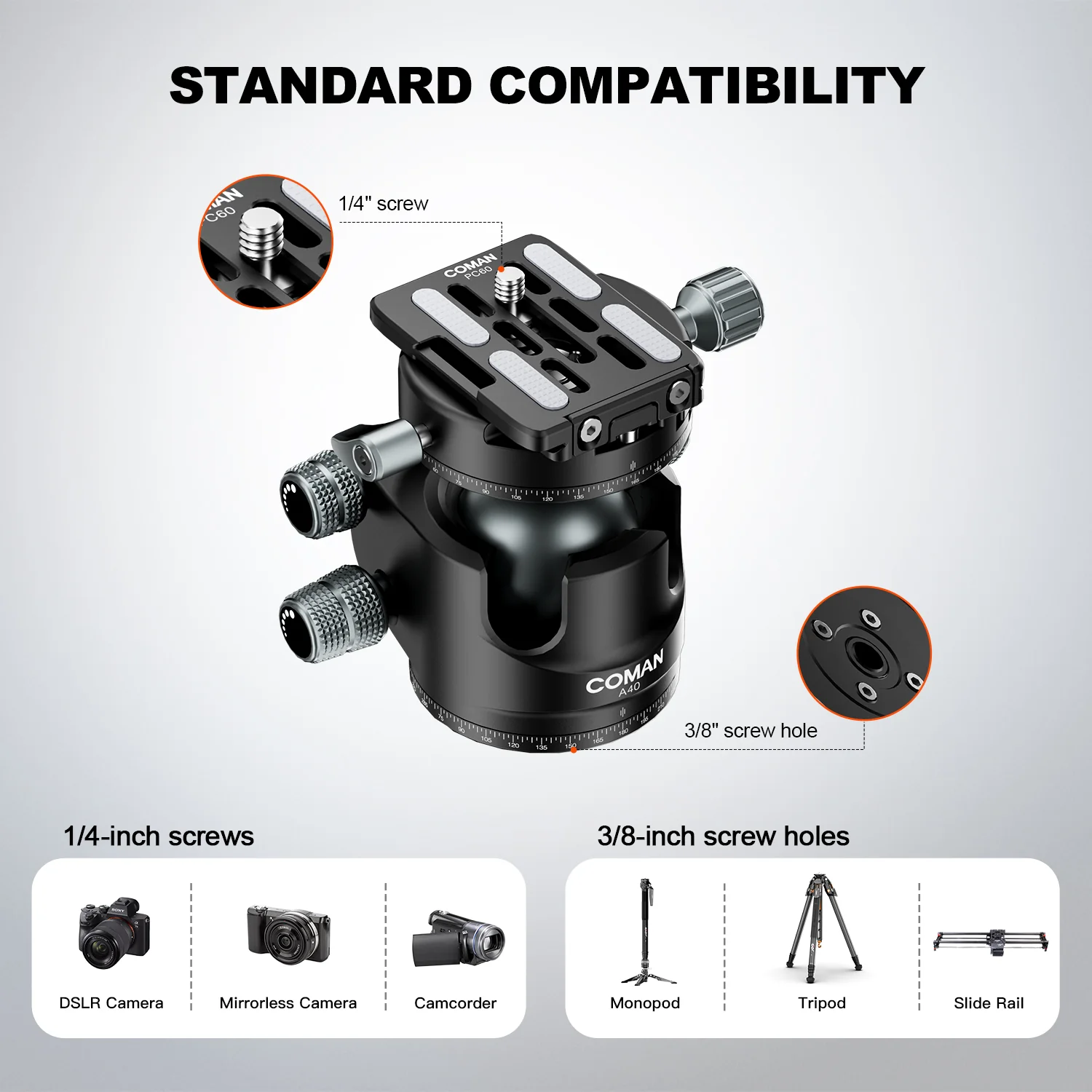 COMAN A40 Panoramic Ball Head 1.57in Low Profile 44lb Load Capacity - Image 7