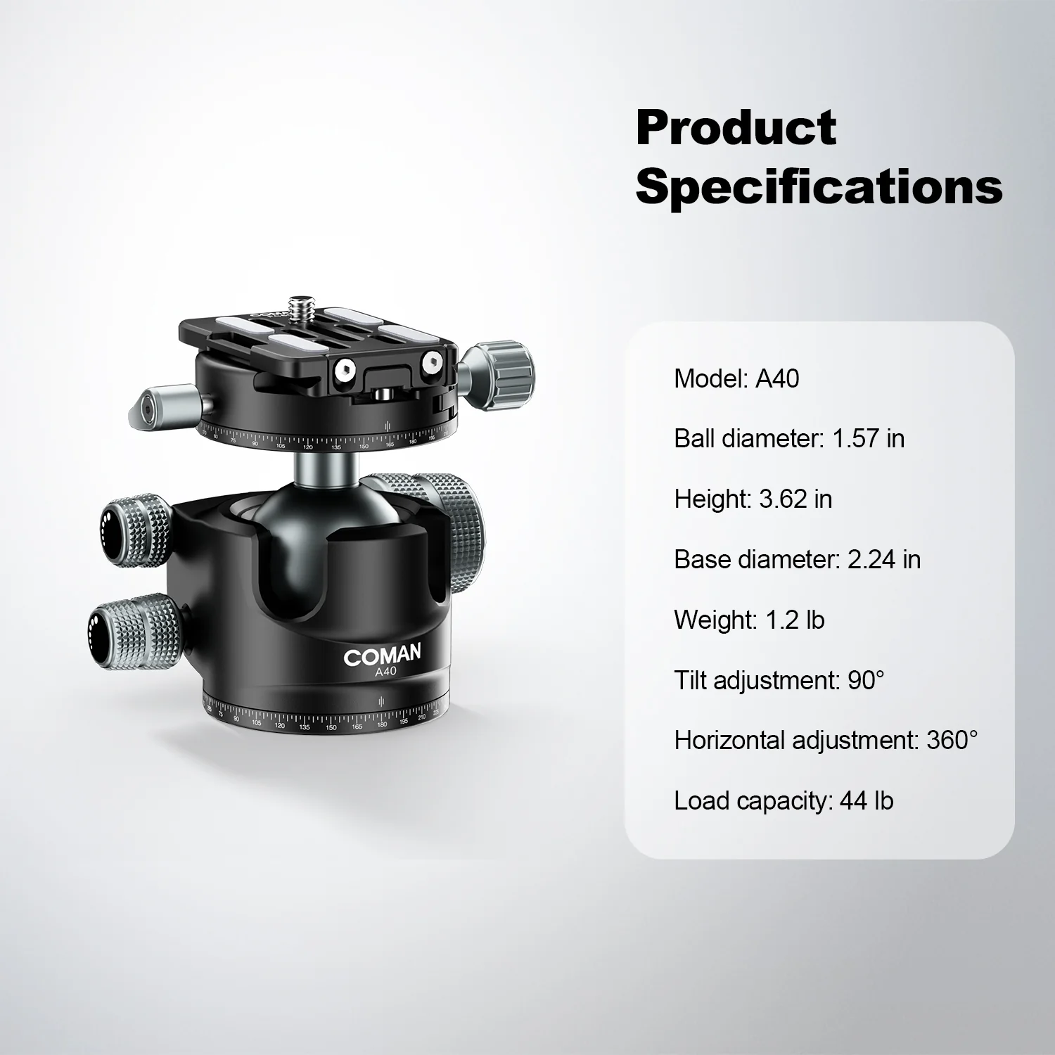 COMAN A40 Panoramic Ball Head 1.57in Low Profile 44lb Load Capacity - Image 9