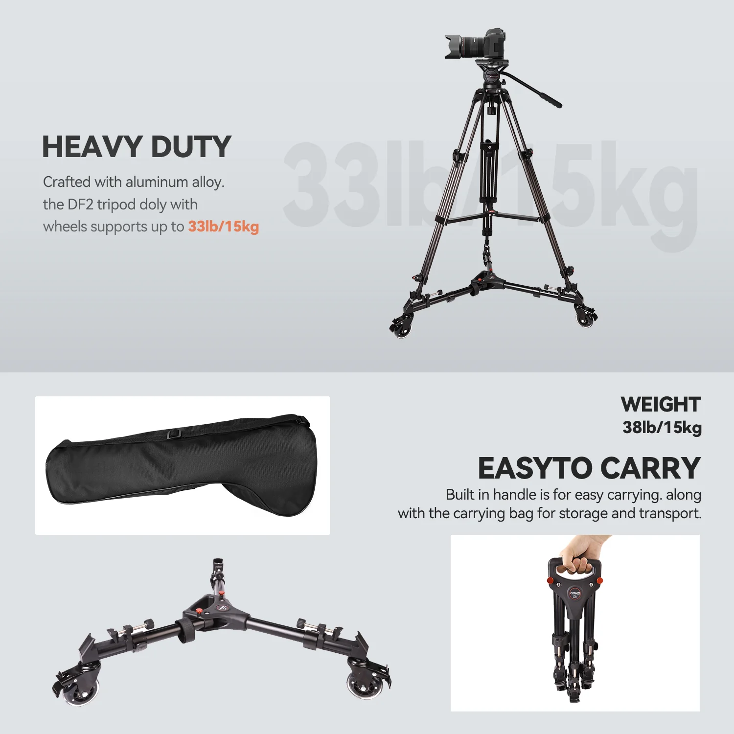COMAN DF2 Tripod Dolly 3 Wheels For Heavy-Duty Video Tripod Adjustable - Image 5