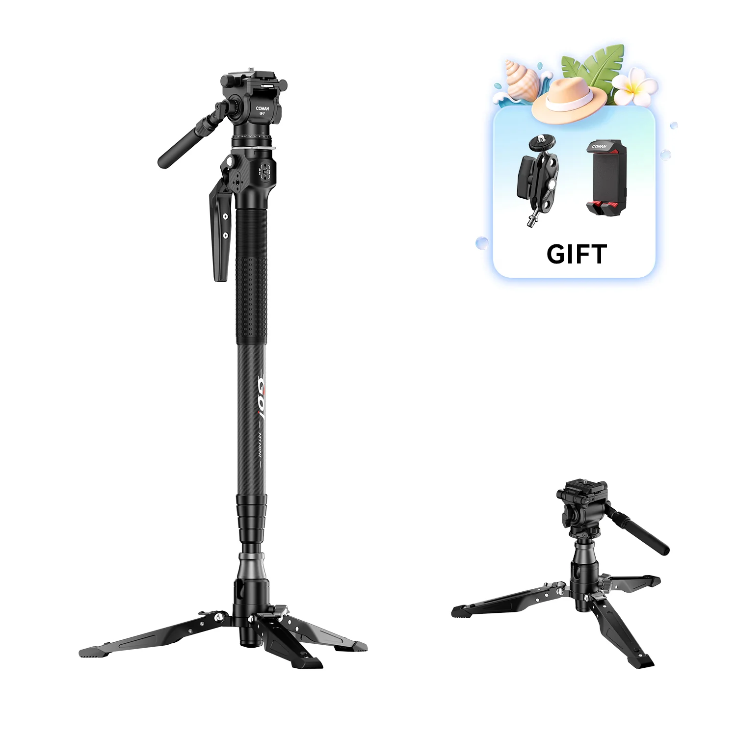 COMAN M1MINI Carbon Fiber 4-Section One-Click Lift Monopod 62.8in Quick Adjustment - Image 3