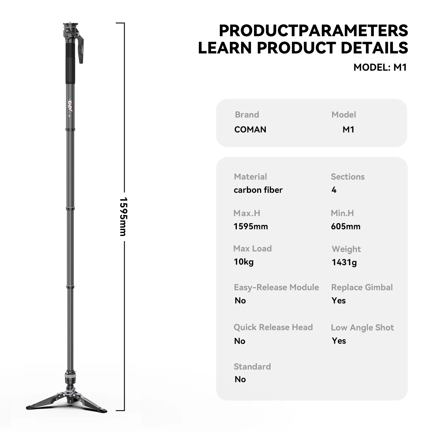 COMAN M1 & M1V5 Portable Lightweight Carbon Fiber Monopod Stable Support 44.1 lbs - Image 7