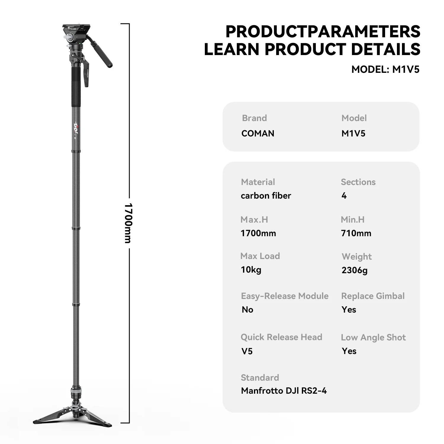COMAN M1 & M1V5 Portable Lightweight Carbon Fiber Monopod Stable Support 44.1 lbs - Image 8