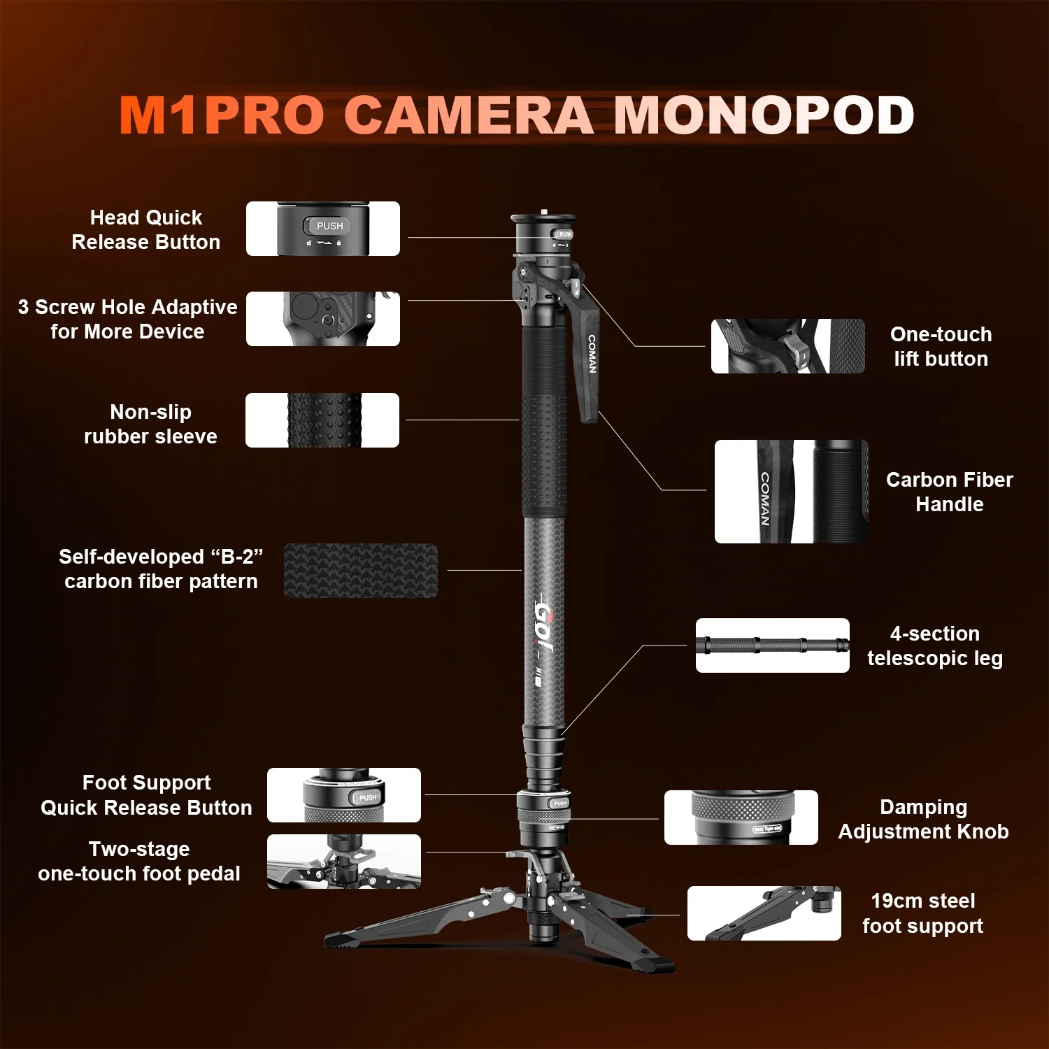 COMAN M1 Pro Monopod Quick Release Lightweight Carbon Fiber Monopod 44.1 lbs Load - Image 22