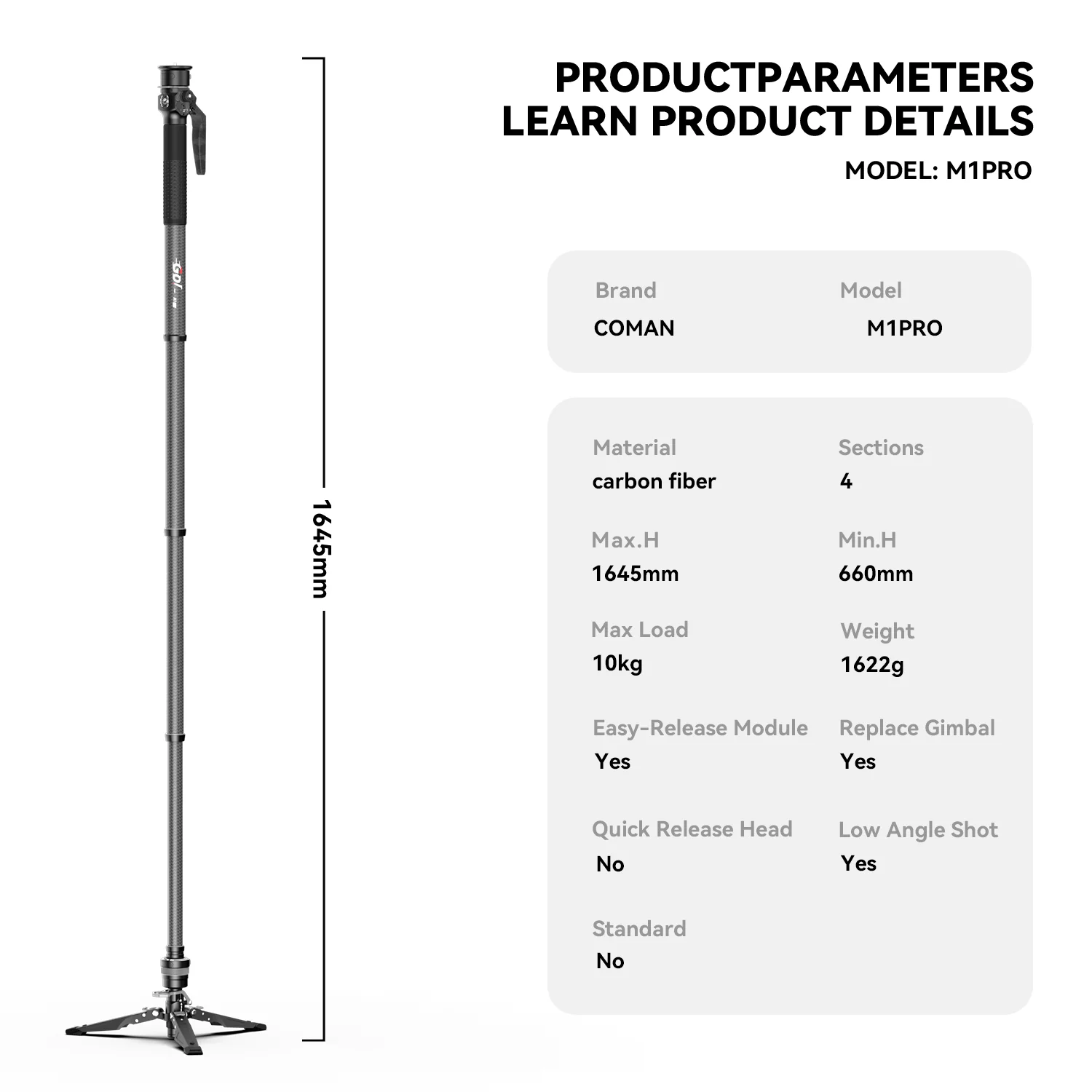 COMAN M1 Pro Monopod Quick Release Lightweight Carbon Fiber Monopod 44.1 lbs Load - Image 6