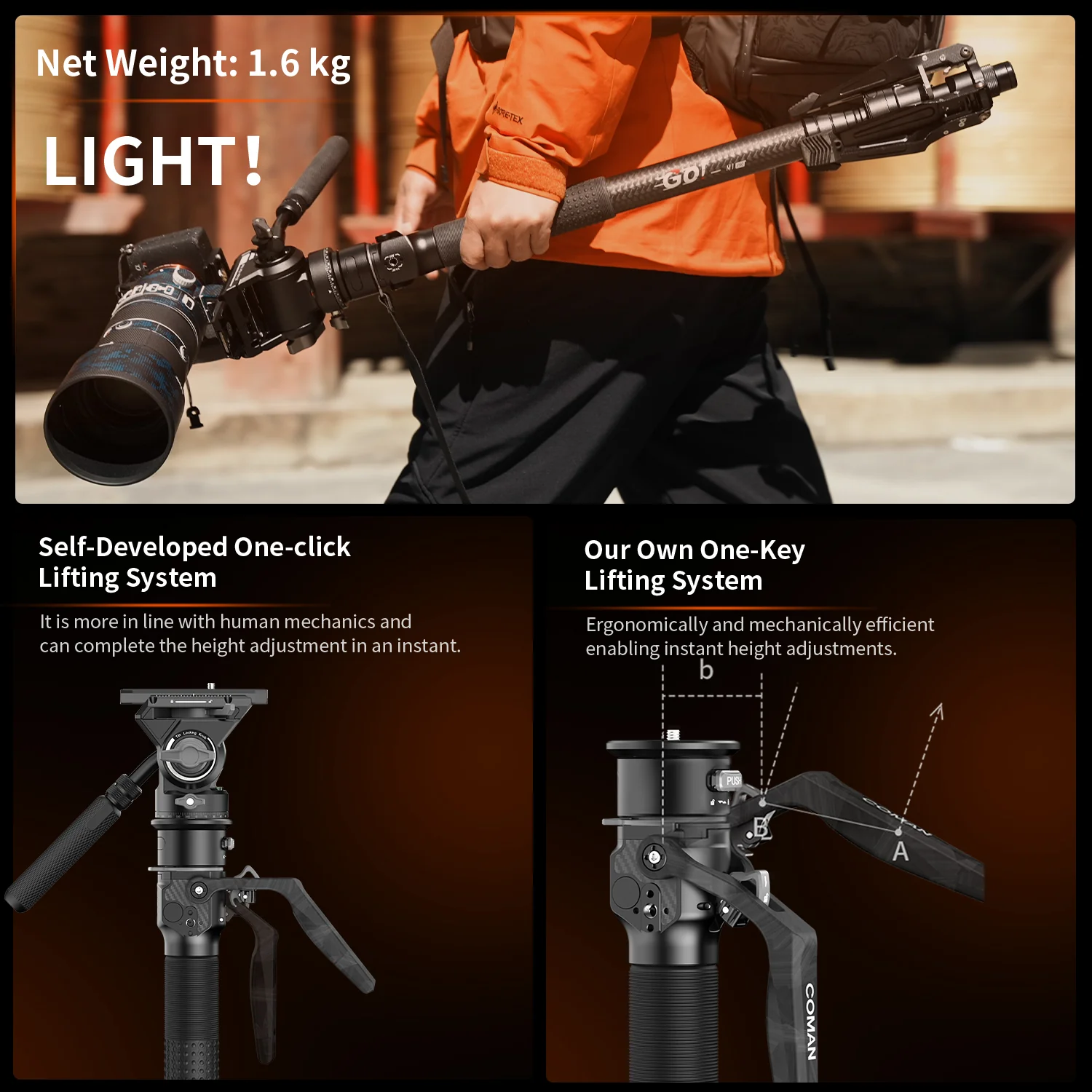 COMAN M1 Pro V5 Carbon Fiber Monopod One Click Quick Release 69in for Photo Video and Sports Events - Image 16