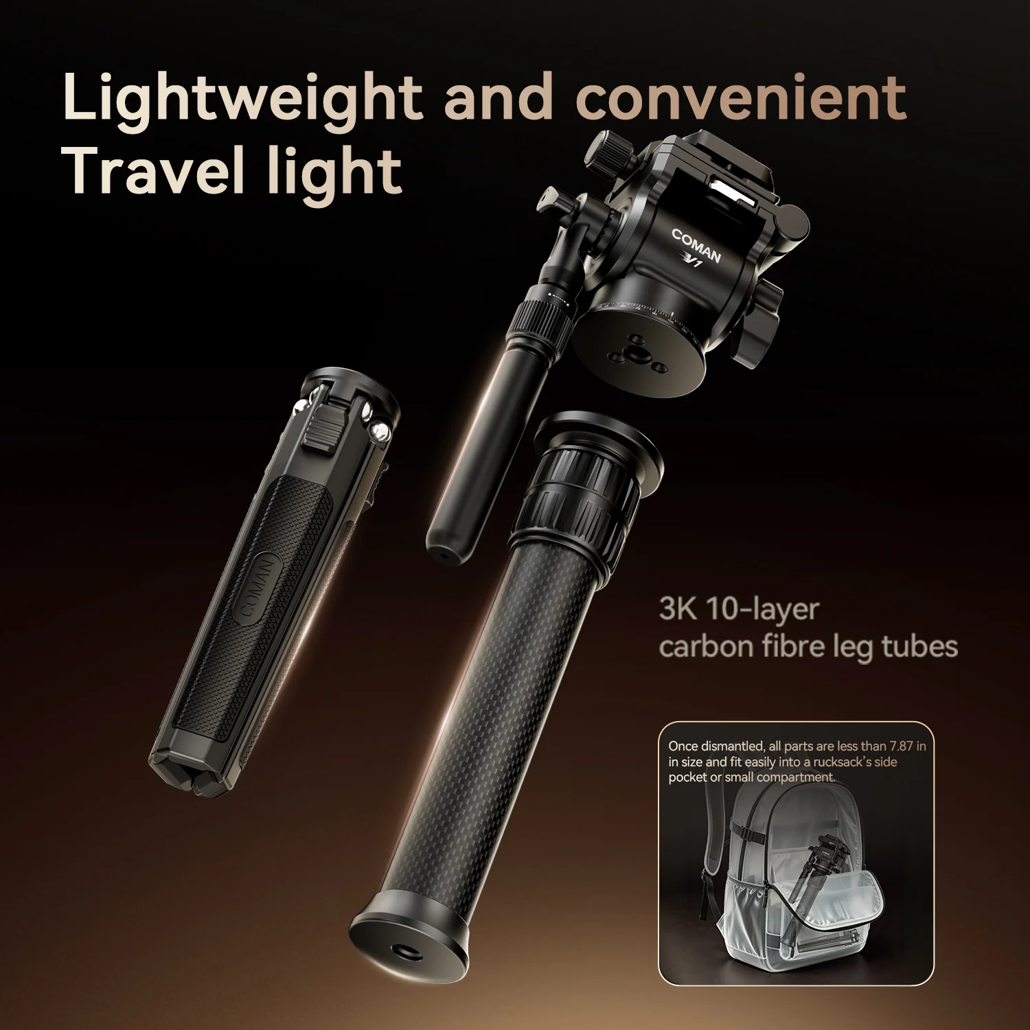 COMAN MT25V1 Carbon Fiber Monopod V1 Fluid Head 360 Pan 0.65kg(1.43lb) Lightweight - Image 9