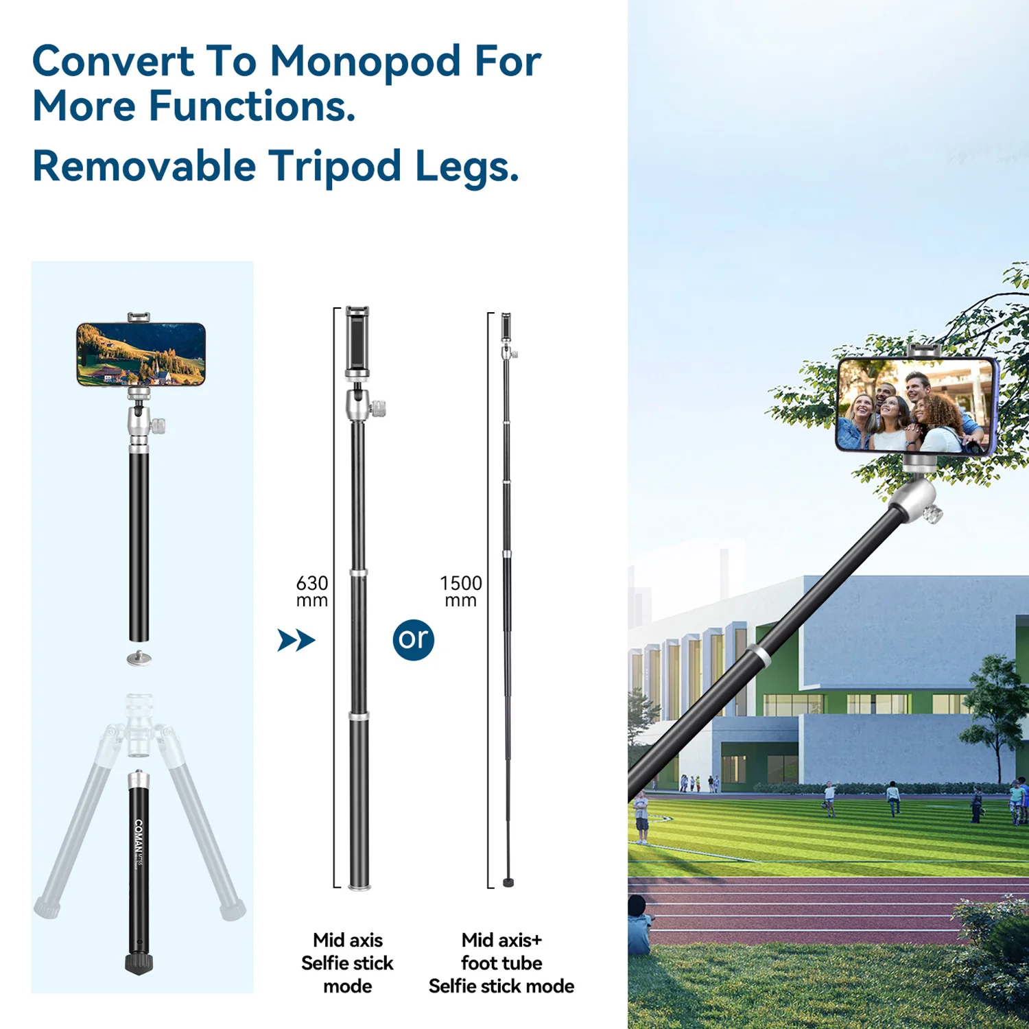 COMAN MT55 Remote Control Camera Phone Tripod Convertible to Monopod - Image 6