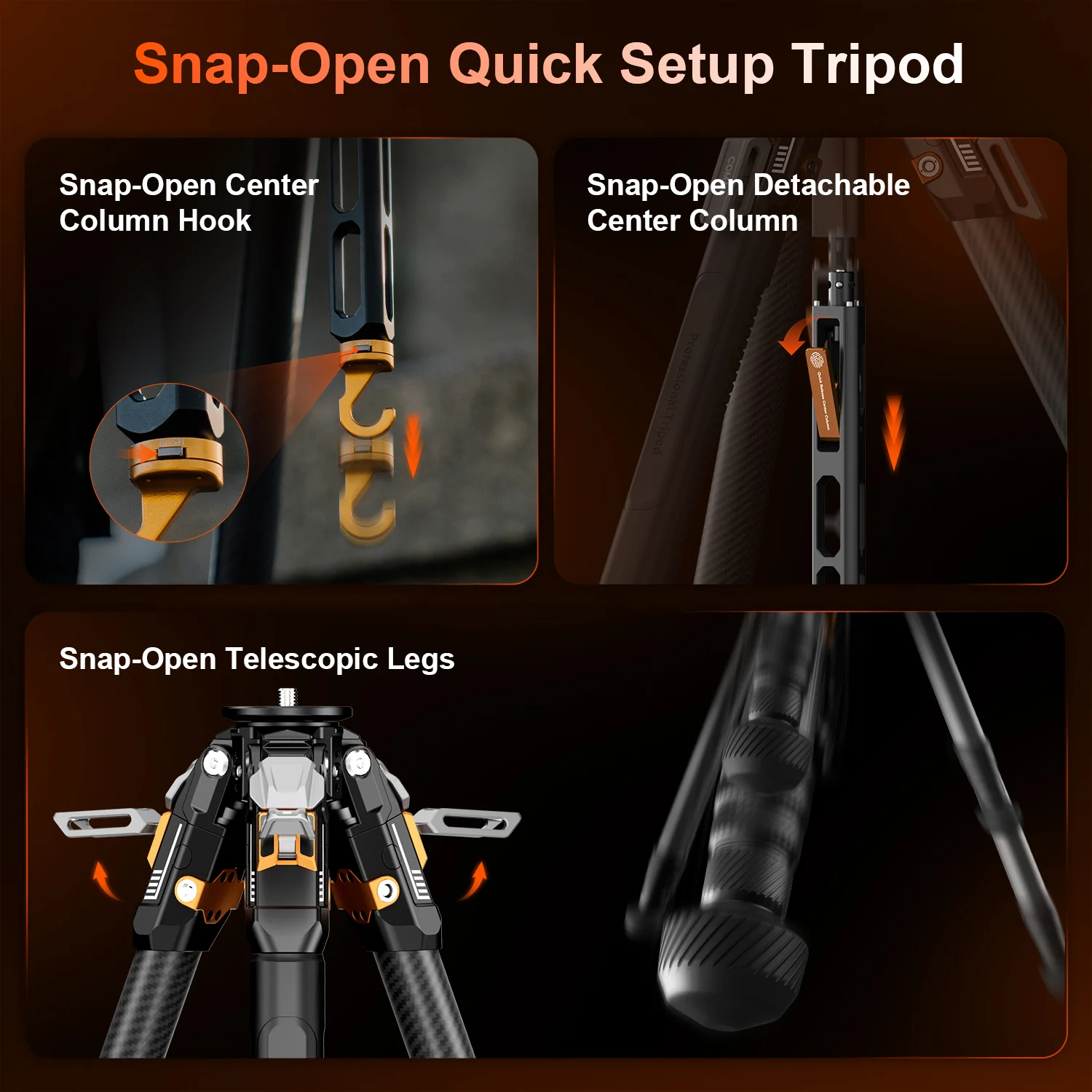 COMAN T1 Snap-Open Carbon Fiber Video and Photo Tripod 4 Section Legs Adjustable Angles 62.9" - Image 14