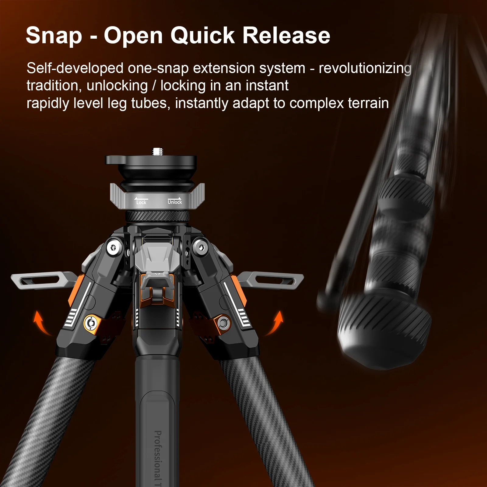 COMAN T1S Snap-Open Carbon Fiber Video and Photography Tripod with Bowl Head 4 Legs 64.8" - Image 9