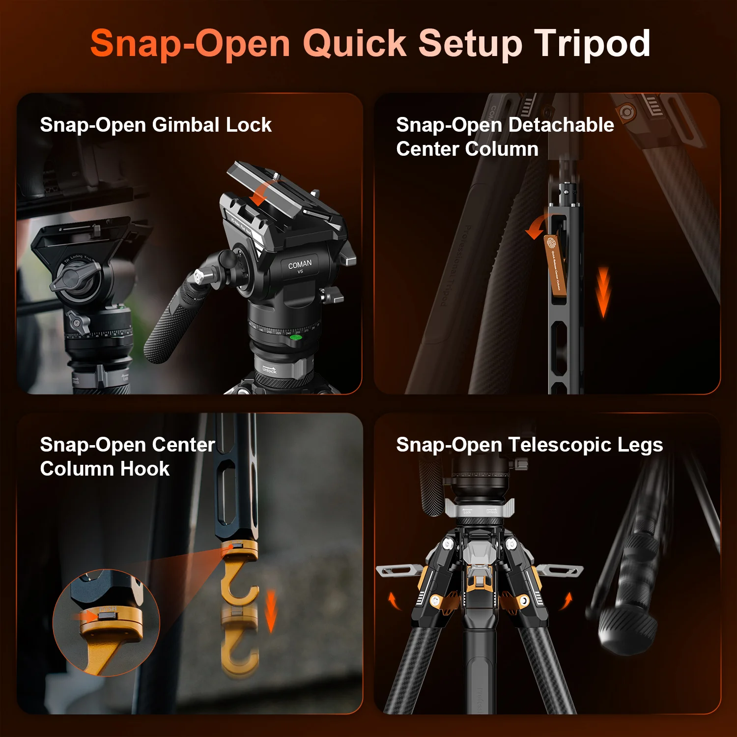 COMAN T1SV5 Snap-Open Carbon Fiber Tripod 68.9" Video and Photography with Fluid Bowl Head - Image 10