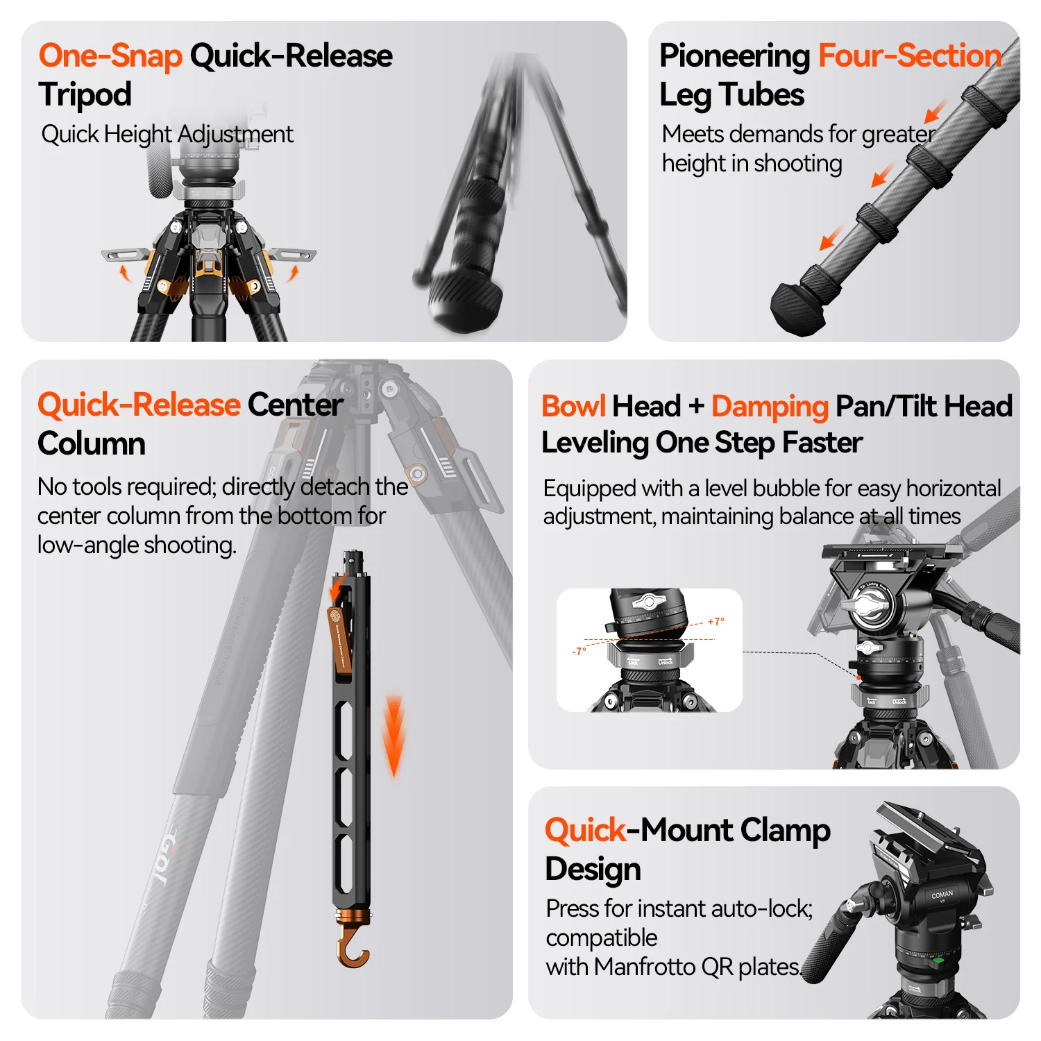 COMAN T1SV5 Snap-Open Carbon Fiber Tripod 68.9" Video and Photography with Fluid Bowl Head - Image 13