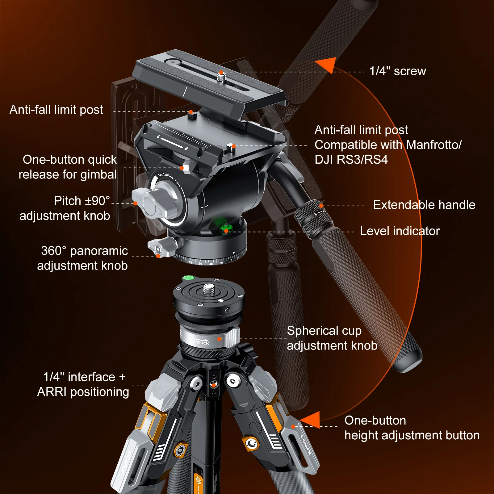 COMAN T1SV5 Snap-Open Carbon Fiber Tripod 68.9" Video and Photography with Fluid Bowl Head - Image 17
