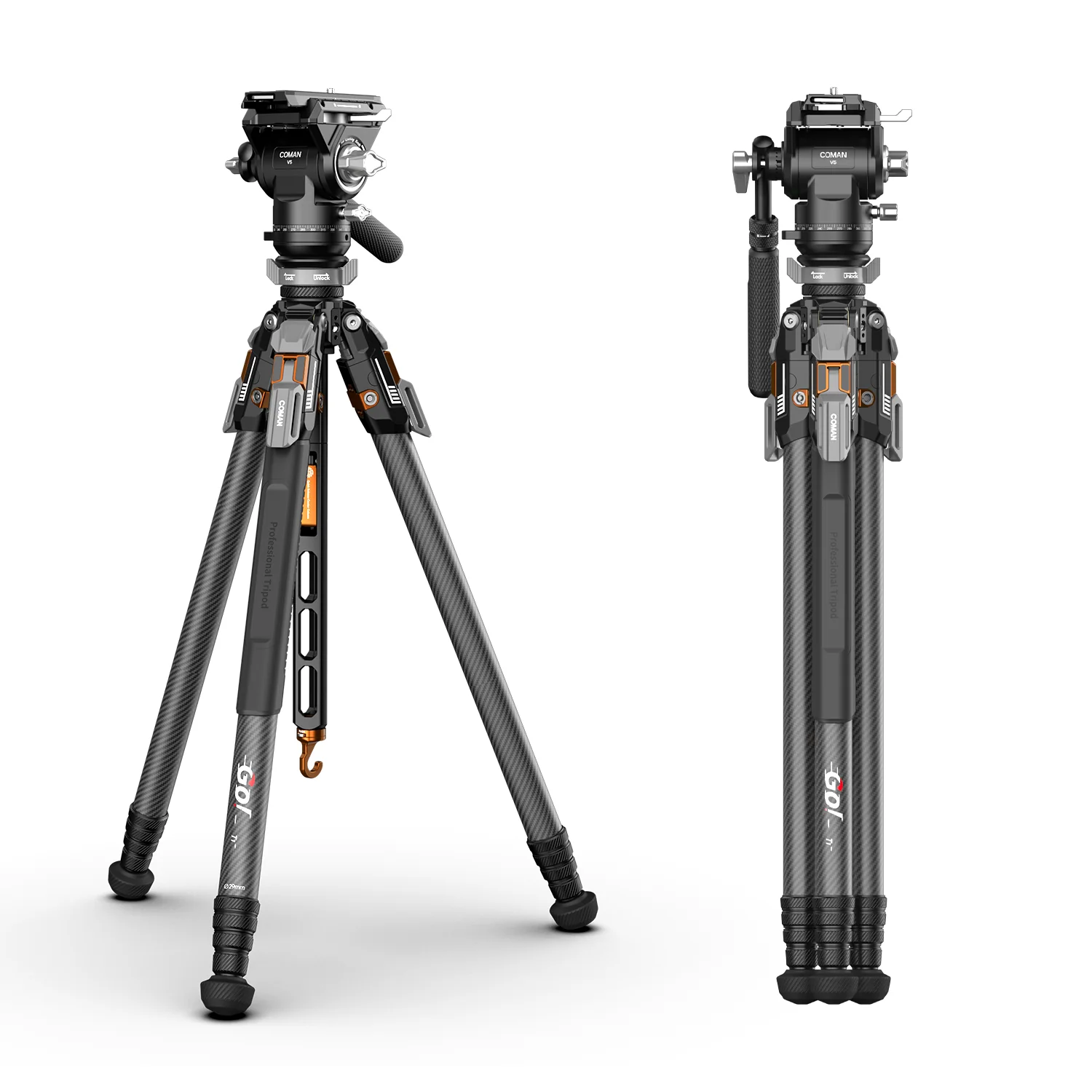 COMAN T1SV5 Snap-Open Carbon Fiber Tripod 68.9" Video and Photography with Fluid Bowl Head - Image 3