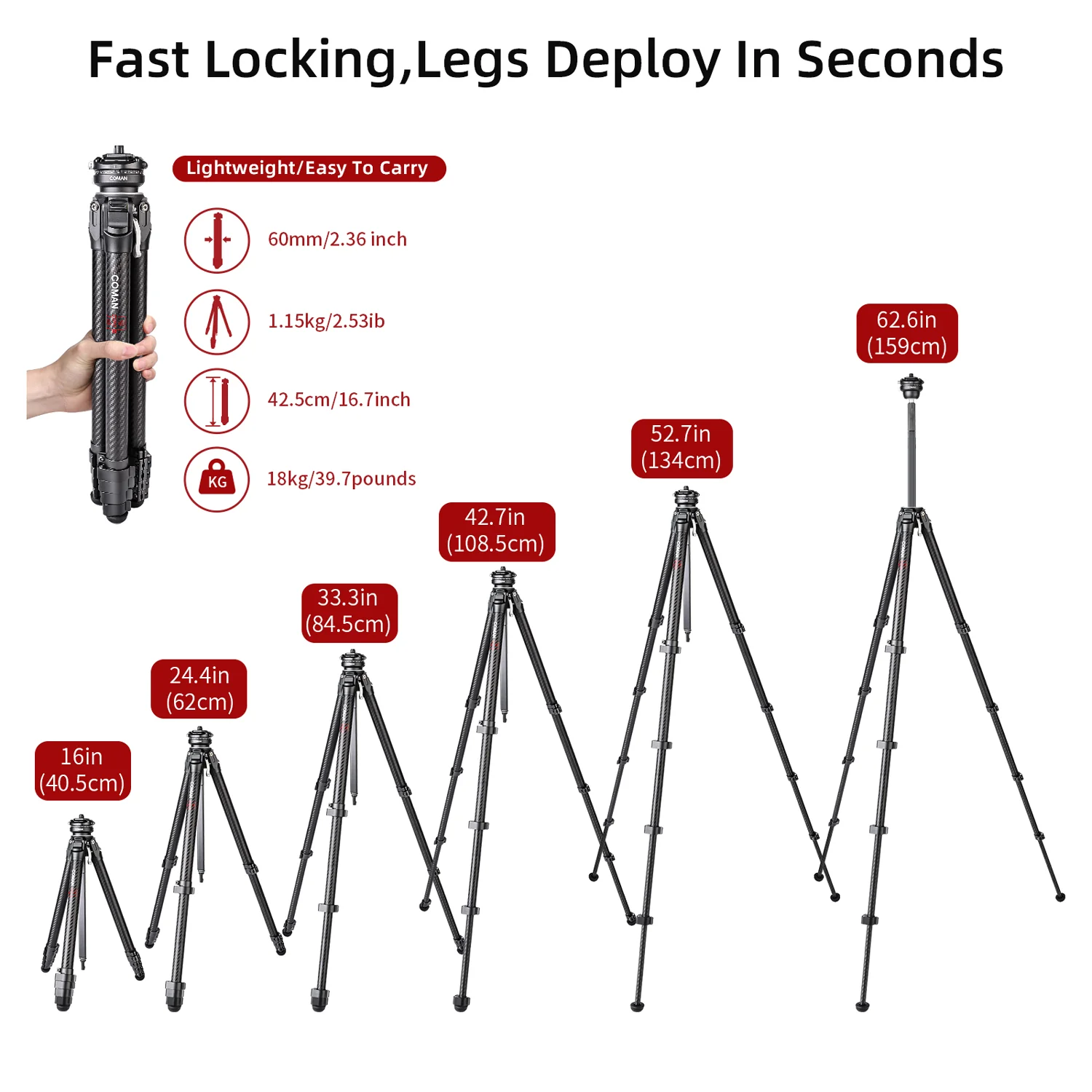 COMAN Zero F38 Carbon Fiber Quick Release Travel Tripod with Ball Head - Image 20