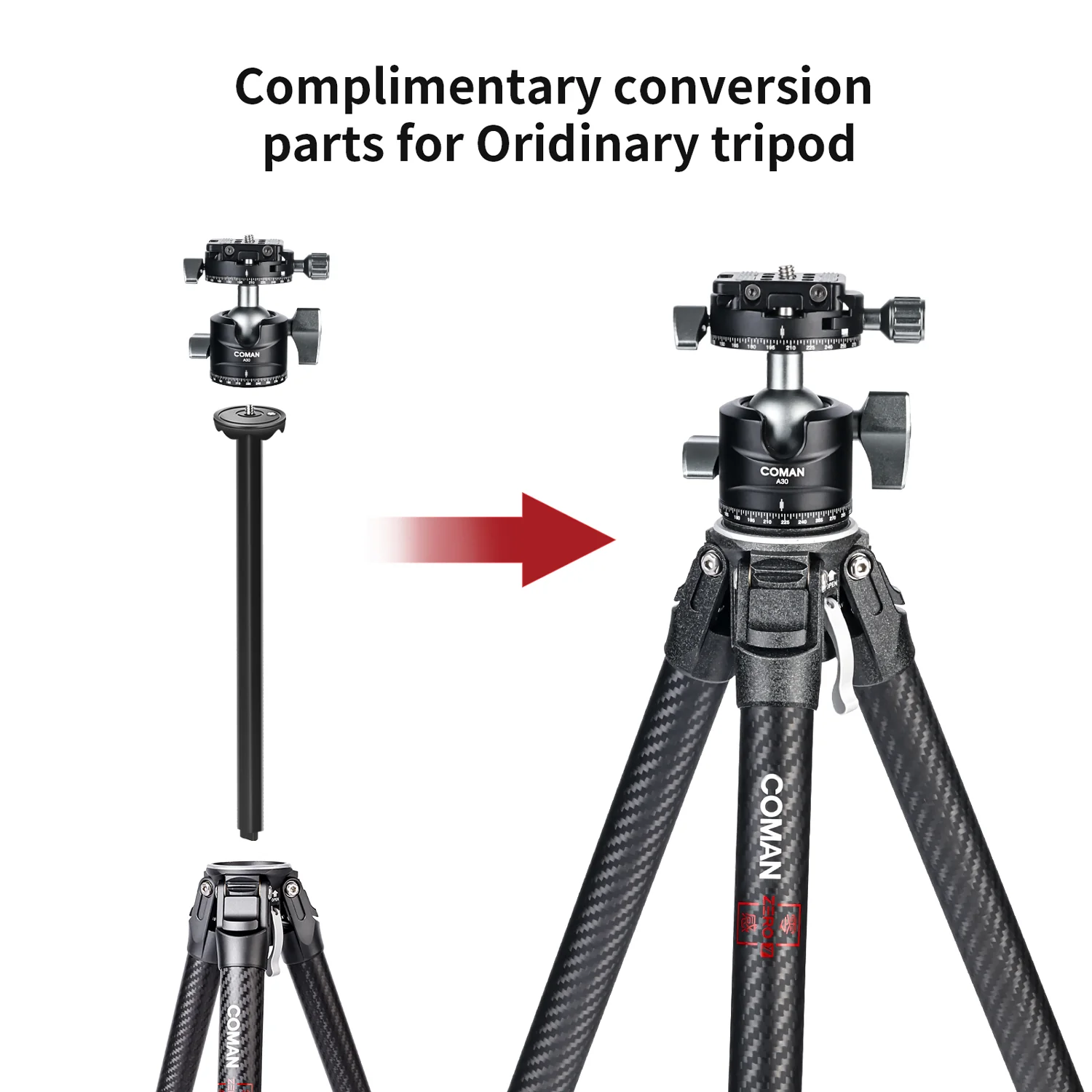 COMAN Zero F38 Carbon Fiber Quick Release Travel Tripod with Ball Head - Image 7