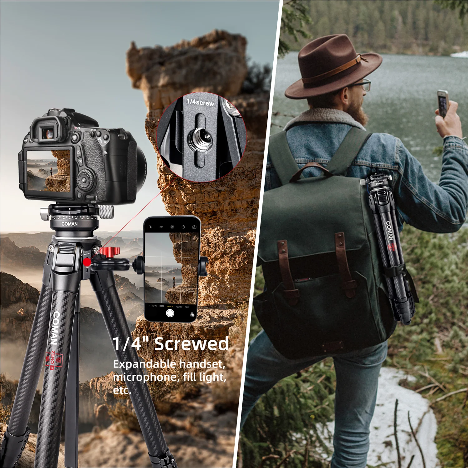 Coman Zero Y Professional Carbon Fiber Travel Tripod, 360° Ball Head, Arca Swiss for DSLR - Image 3