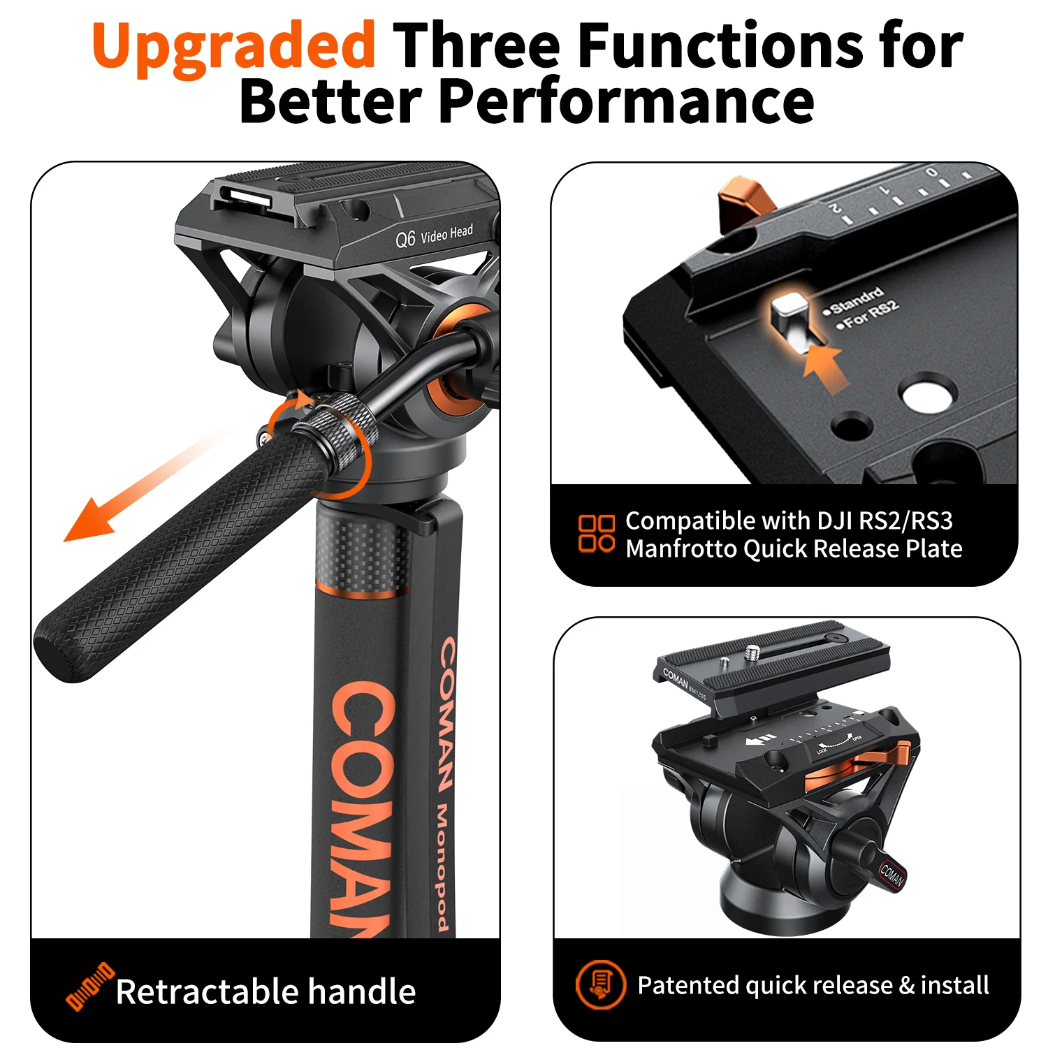 COMAN DK327AQ6 Aluminum Camera Video Monopod with Fluid Head & Feet - Image 3
