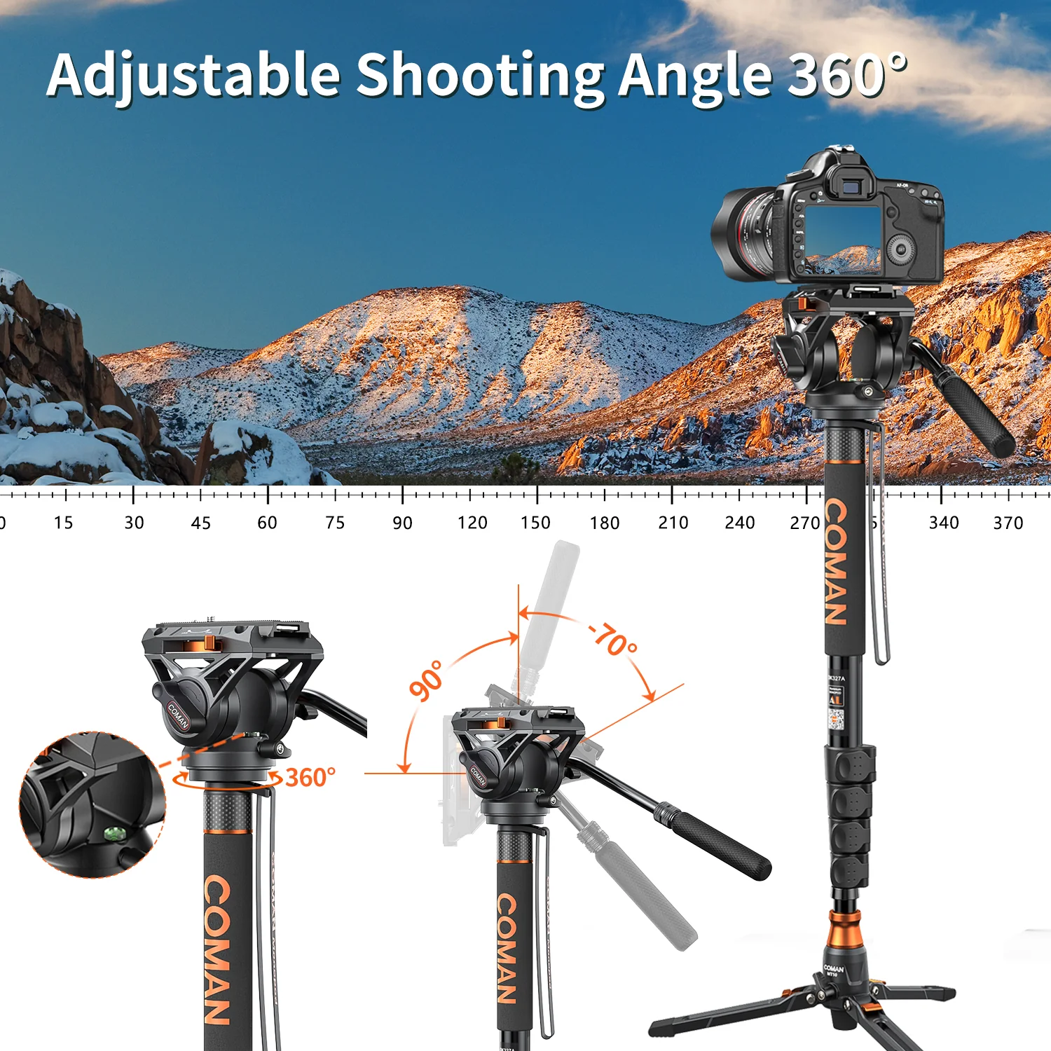 COMAN DK327AQ6 Aluminum Camera Video Monopod with Fluid Head & Feet - Image 6