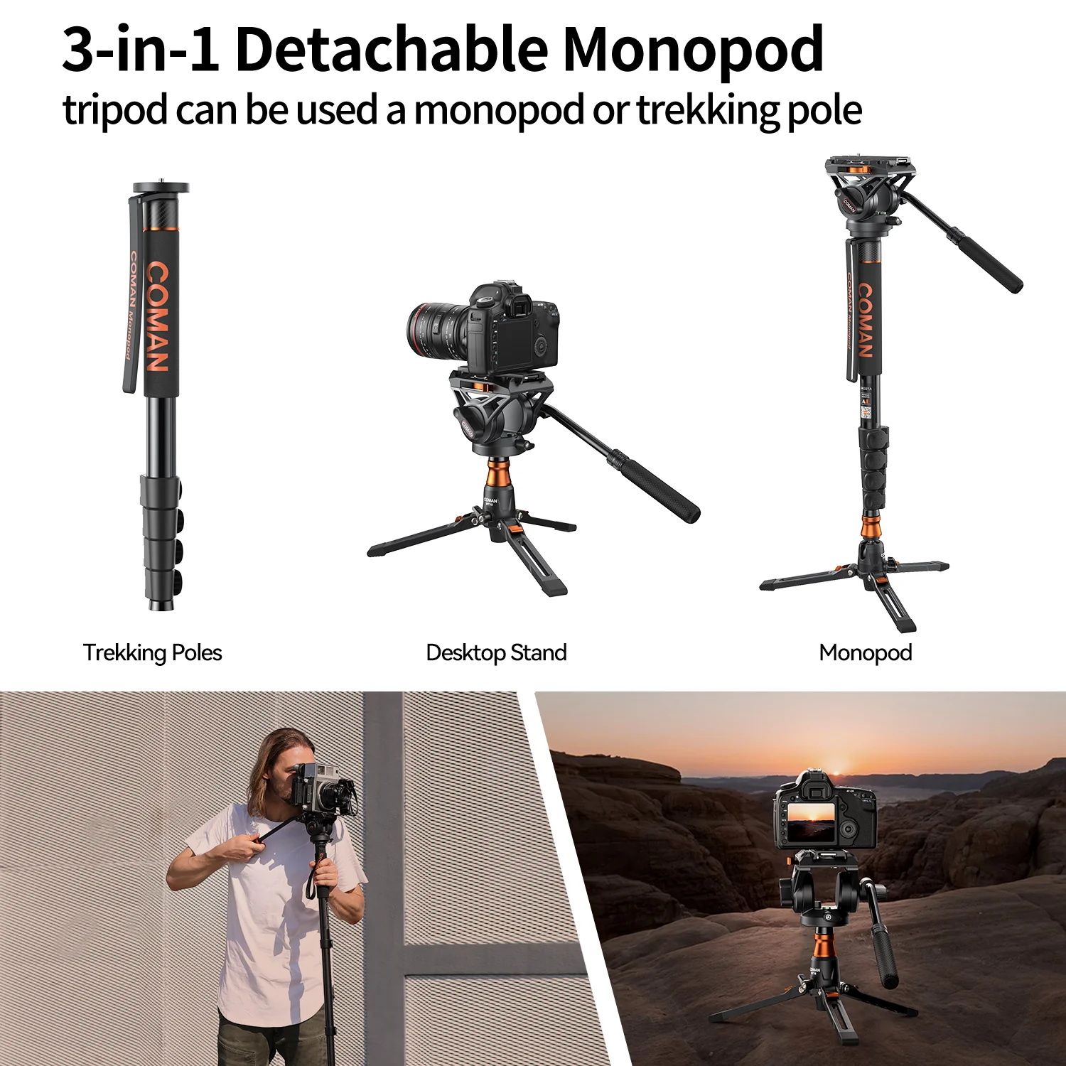 COMAN DK327AQ6 Aluminum Camera Video Monopod with Fluid Head & Feet - Image 9