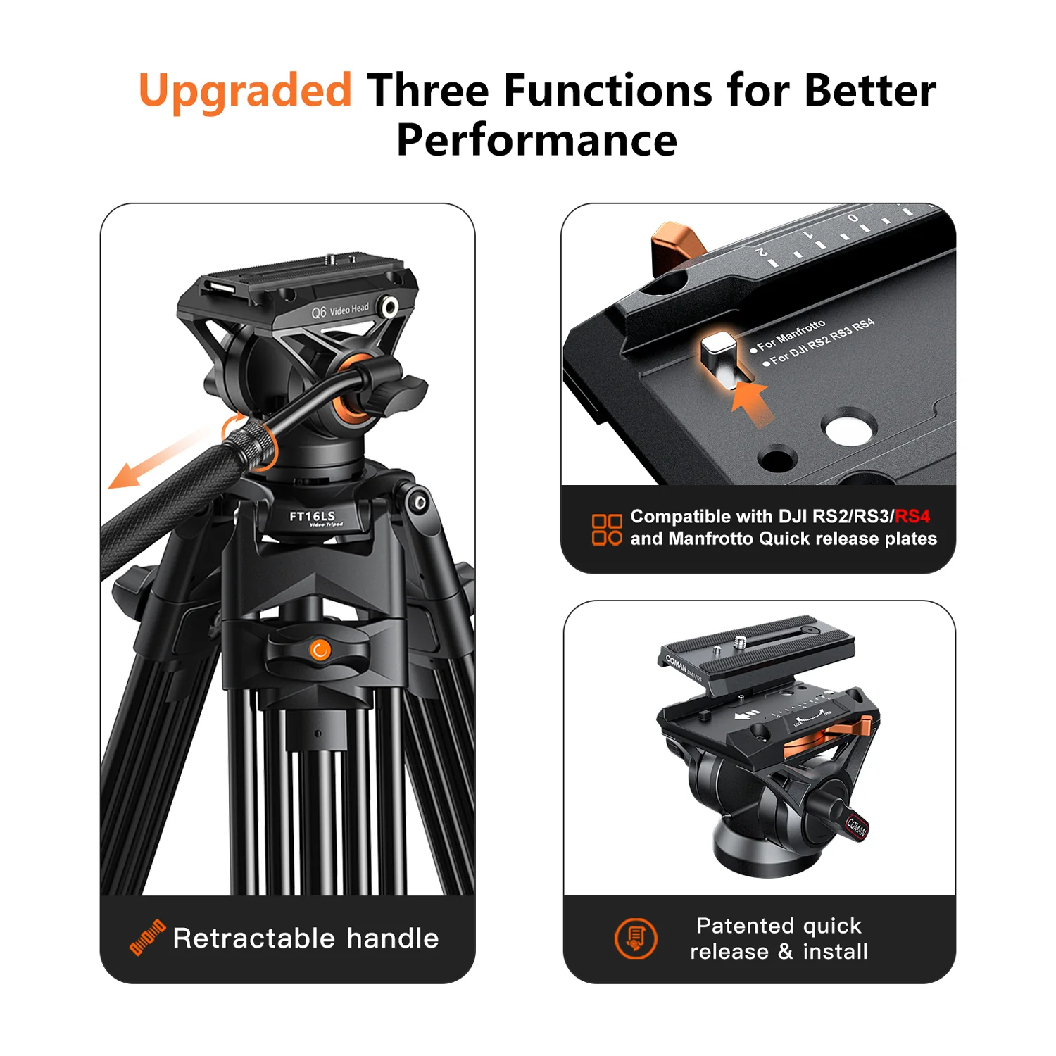 Coman FT16LS 74" Heavy Duty Professional Tripod with Fluid Video Head - Image 7