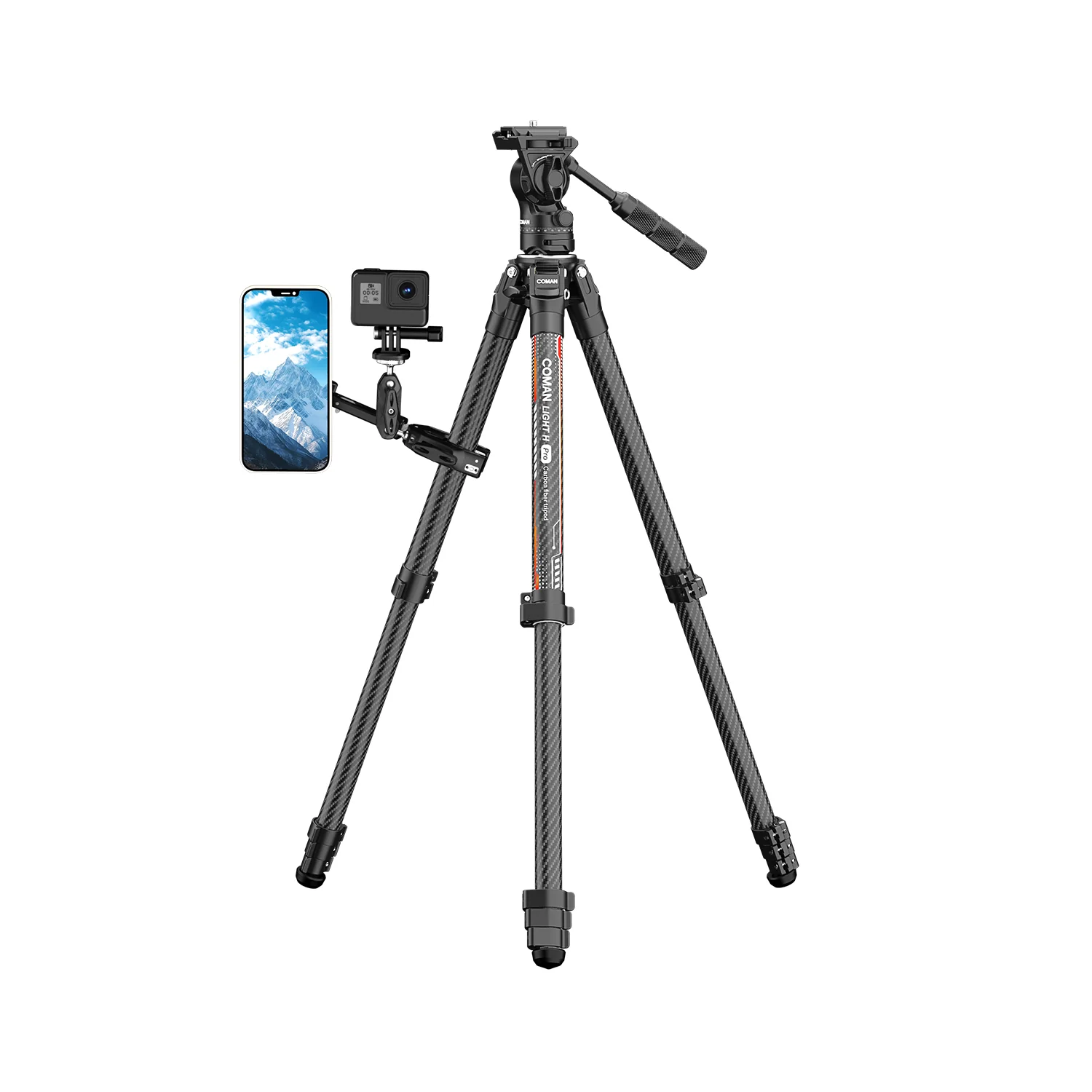 Coman Light H Pro Carbon Fiber Tripod with 1-Second Lock/Unlock & Detachable Monopod - Image 4