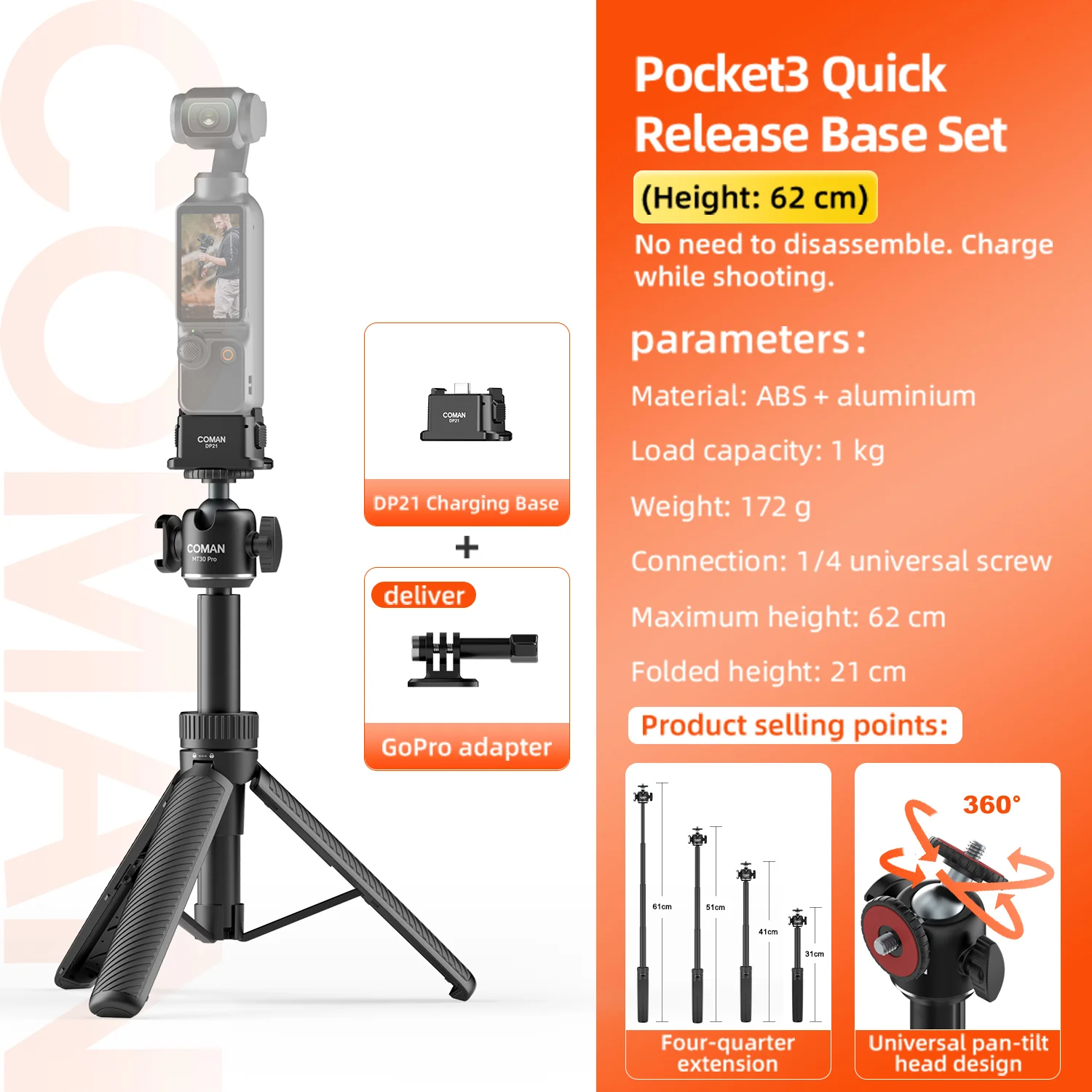 COMAN MT30Pro Phone Tripod Selfie Stick Remote-Control, Black & White - Image 23
