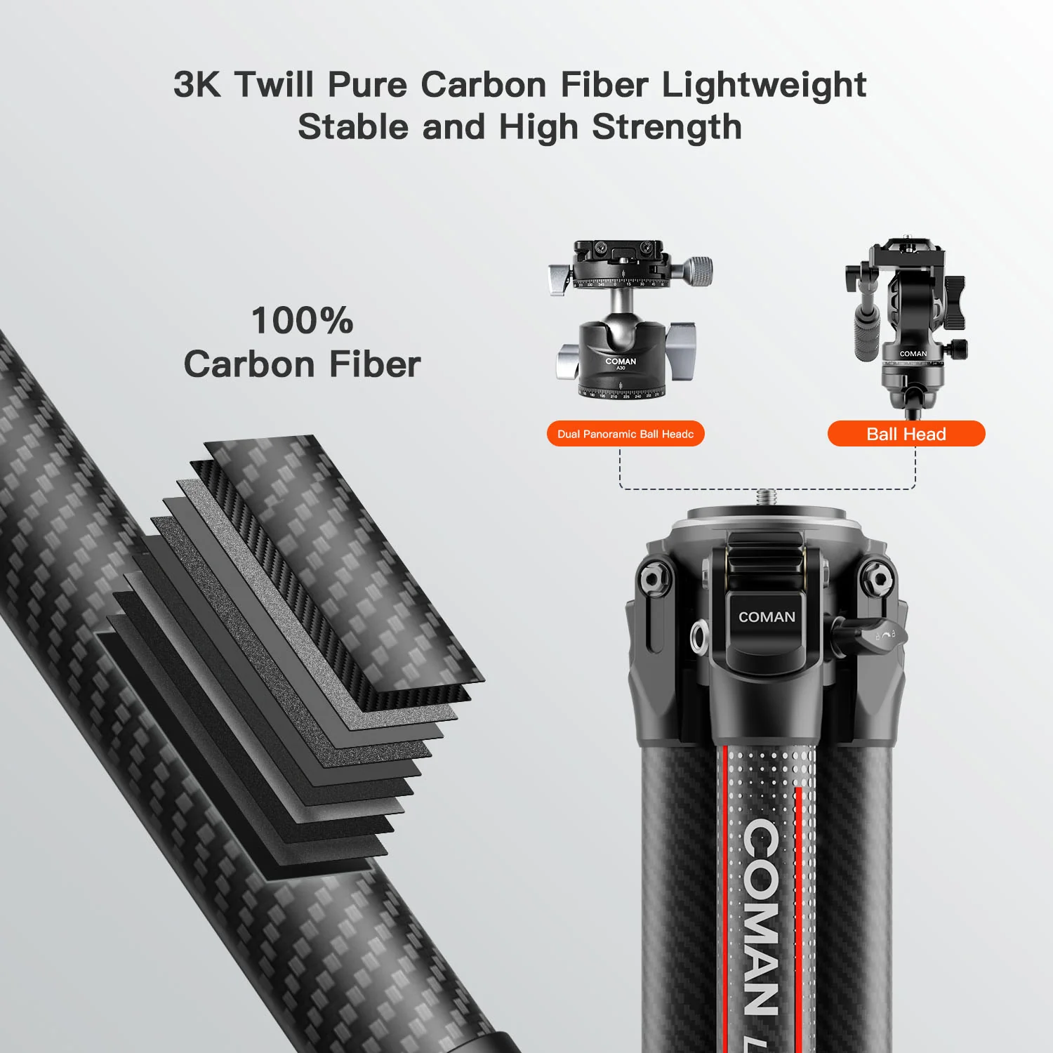 Coman Light H Portable Carbon Fiber Travel Tripod with Mini Fluid Head - Image 10