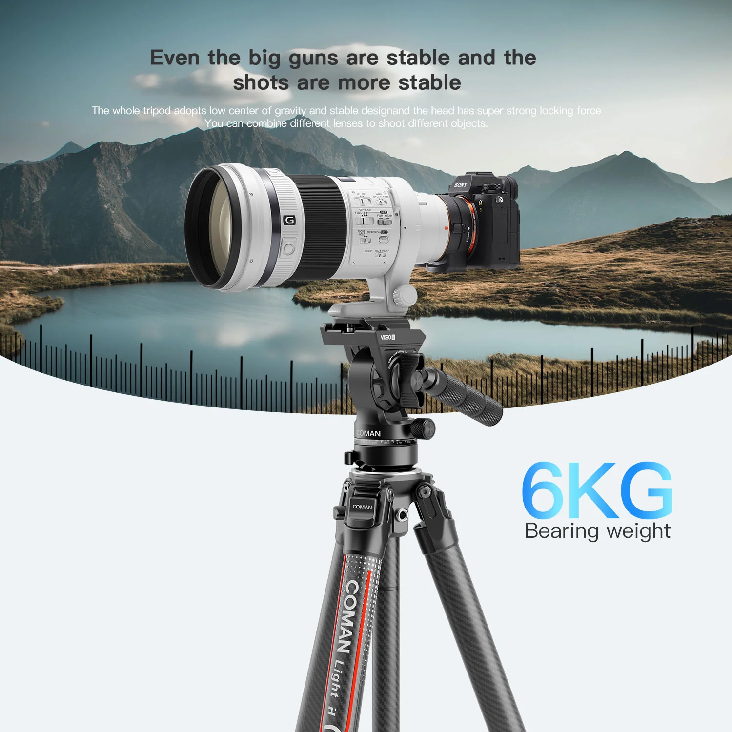 Coman Light H Portable Carbon Fiber Travel Tripod with Mini Fluid Head - Image 3