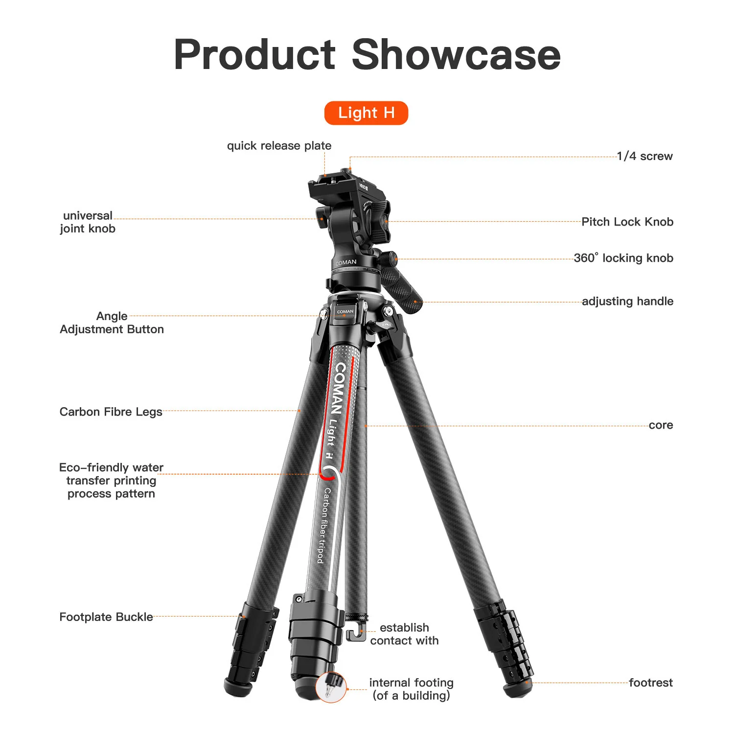 Coman Light H Portable Carbon Fiber Travel Tripod with Mini Fluid Head - Image 4