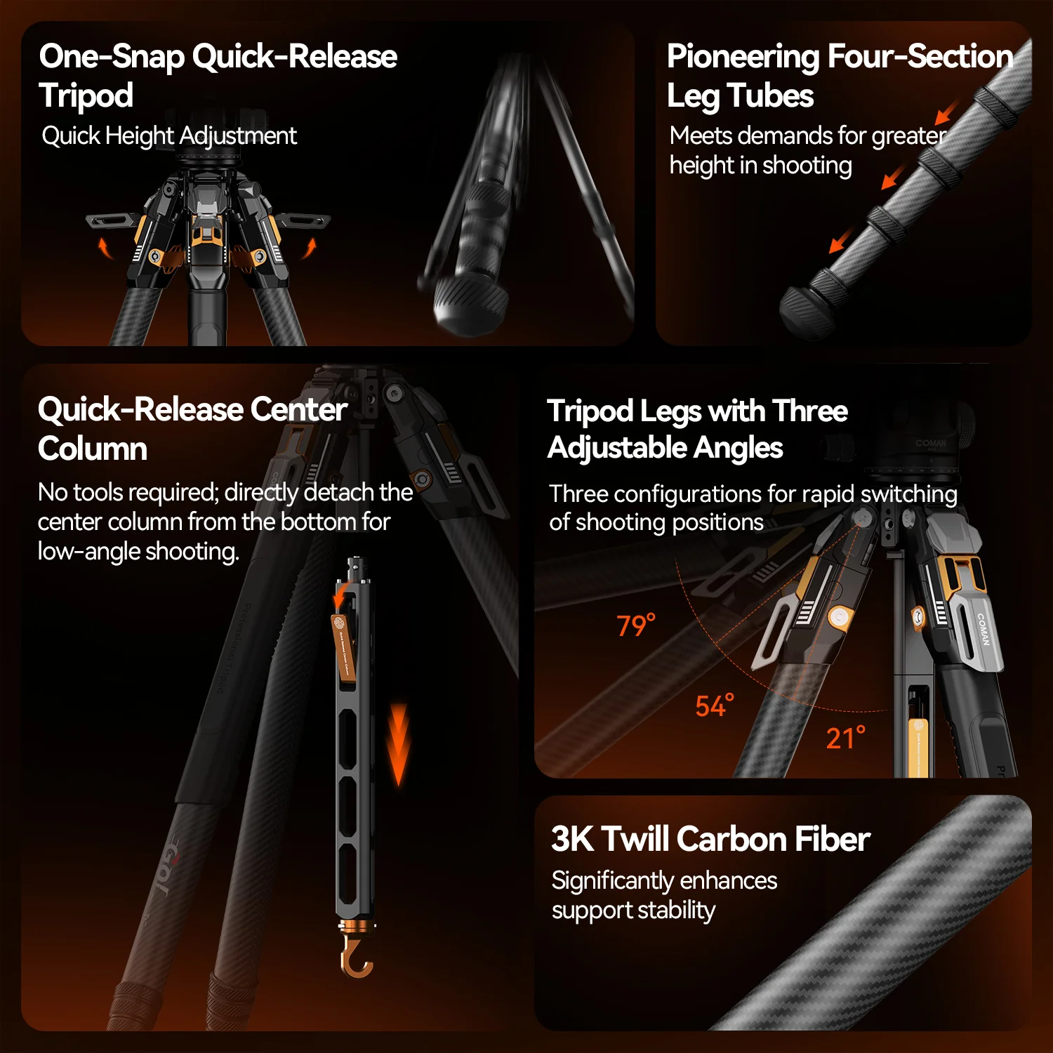 COMAN T1A40 4-Section Carbon Fiber Snap Tripod Dual Panoramic Hydraulic Ball Head 66.5in 44lb Load - Image 5