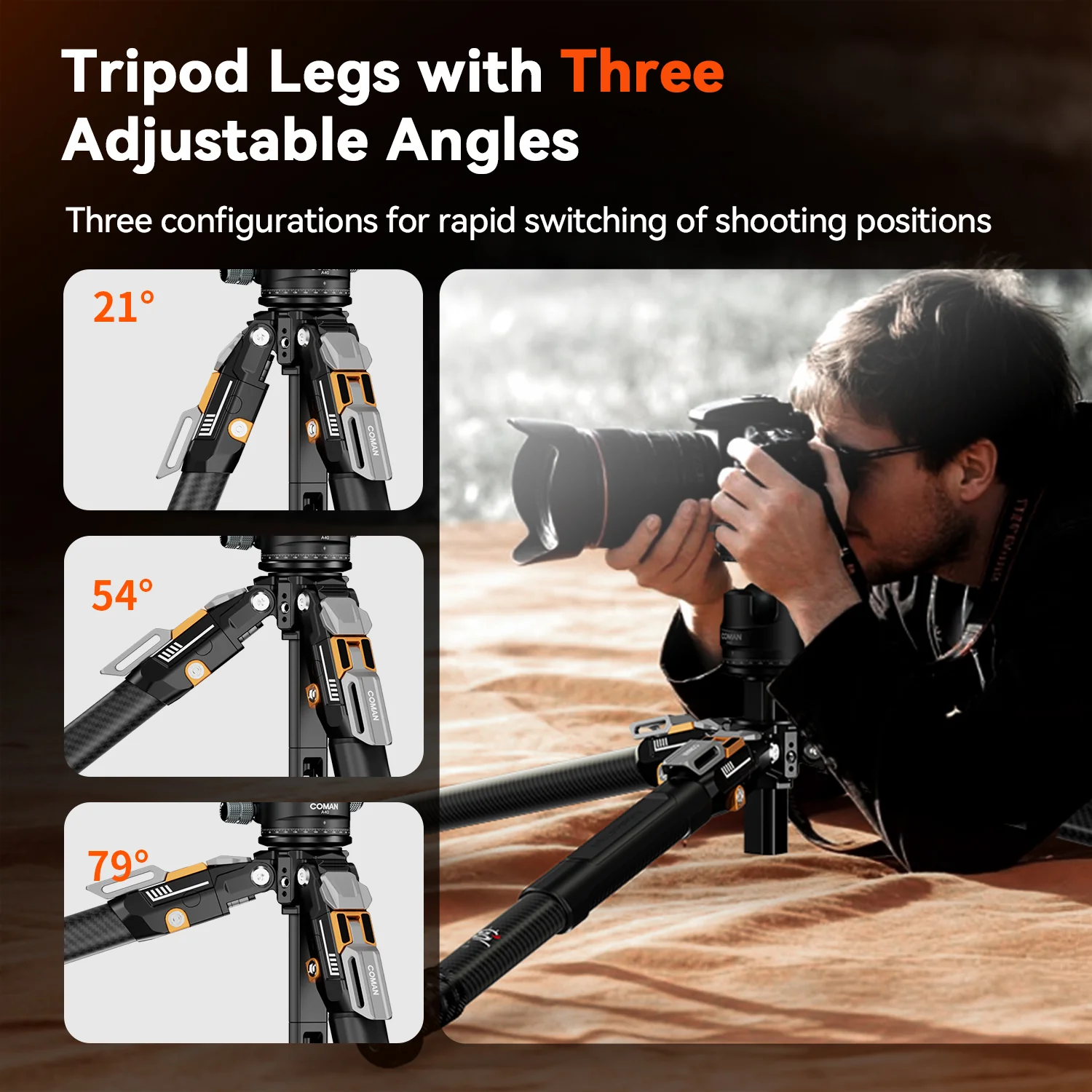COMAN T1A40 4-Section Carbon Fiber Snap Tripod Dual Panoramic Hydraulic Ball Head 66.5in 44lb Load - Image 7